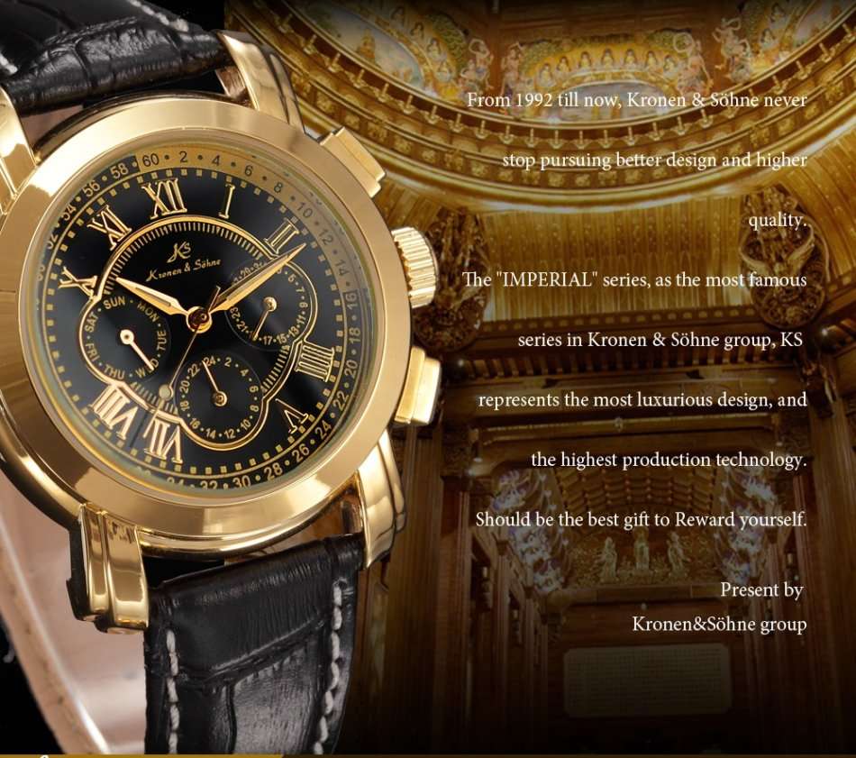 -I GENUINE I- KRONEN&SÖHNE Automatic Mechanical Date Day Black Leather 6 Hands Sport Men Watch