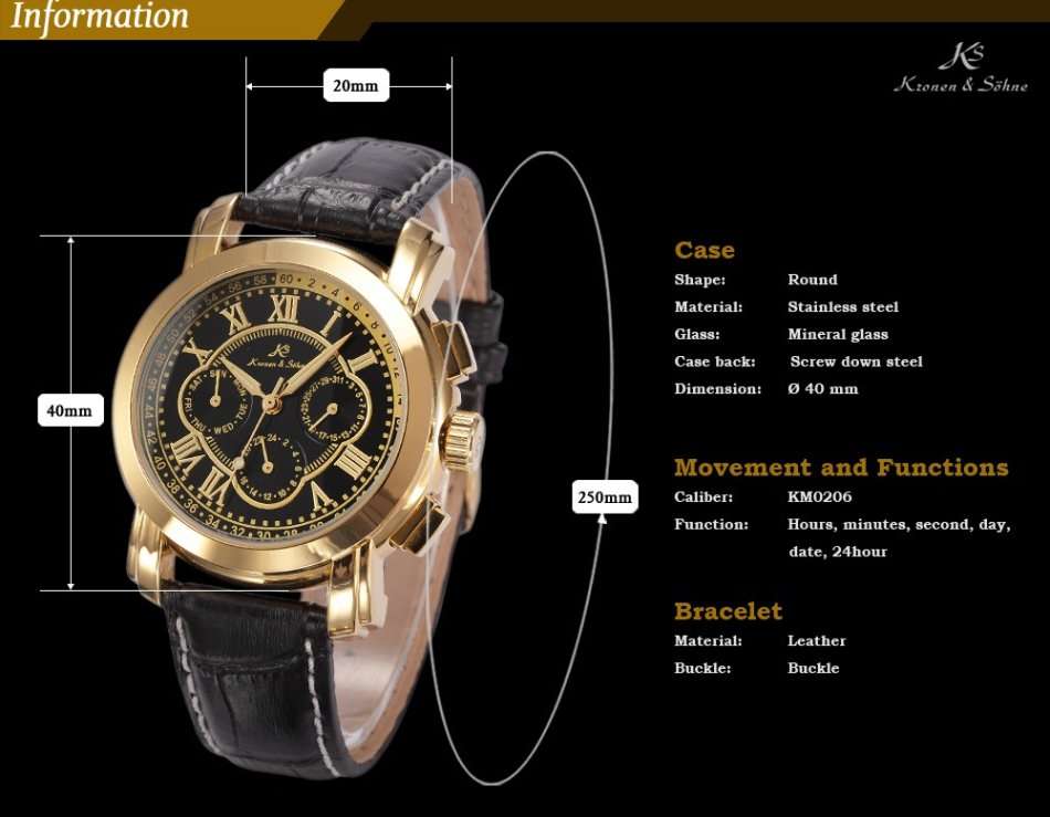 -I GENUINE I- KRONEN&SÖHNE Automatic Mechanical Date Day Black Leather 6 Hands Sport Men Watch