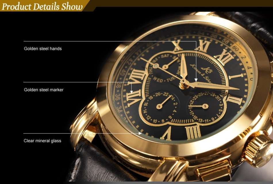 -I GENUINE I- KRONEN&SÖHNE Automatic Mechanical Date Day Black Leather 6 Hands Sport Men Watch