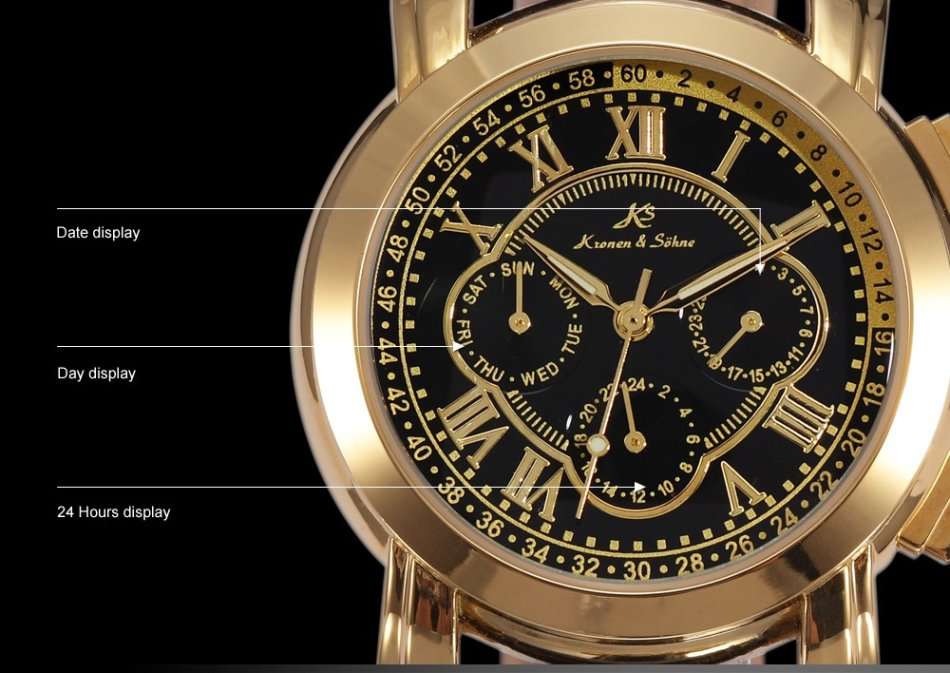 -I GENUINE I- KRONEN&SÖHNE Automatic Mechanical Date Day Black Leather 6 Hands Sport Men Watch