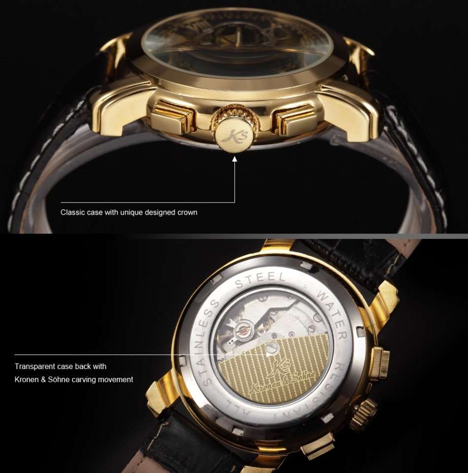 -I GENUINE I- KRONEN&SÖHNE Automatic Mechanical Date Day Black Leather 6 Hands Sport Men Watch