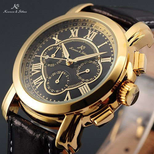 -I GENUINE I- KRONEN&SÖHNE Automatic Mechanical Date Day Black Leather 6 Hands Sport Men Watch