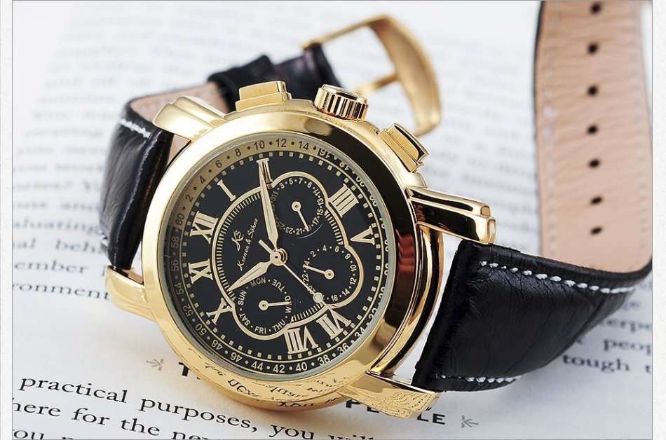 -I GENUINE I- KRONEN&SÖHNE Automatic Mechanical Date Day Black Leather 6 Hands Sport Men Watch