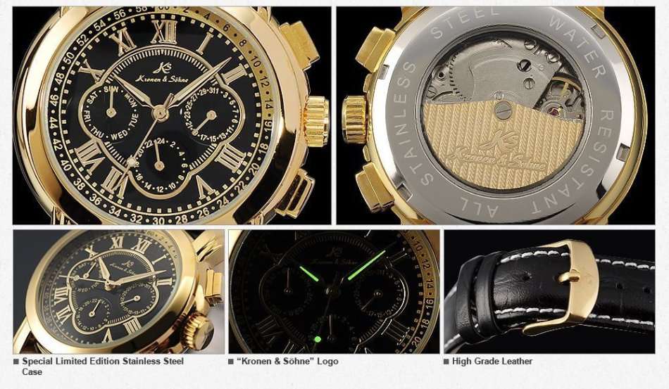 -I GENUINE I- KRONEN&SÖHNE Automatic Mechanical Date Day Black Leather 6 Hands Sport Men Watch