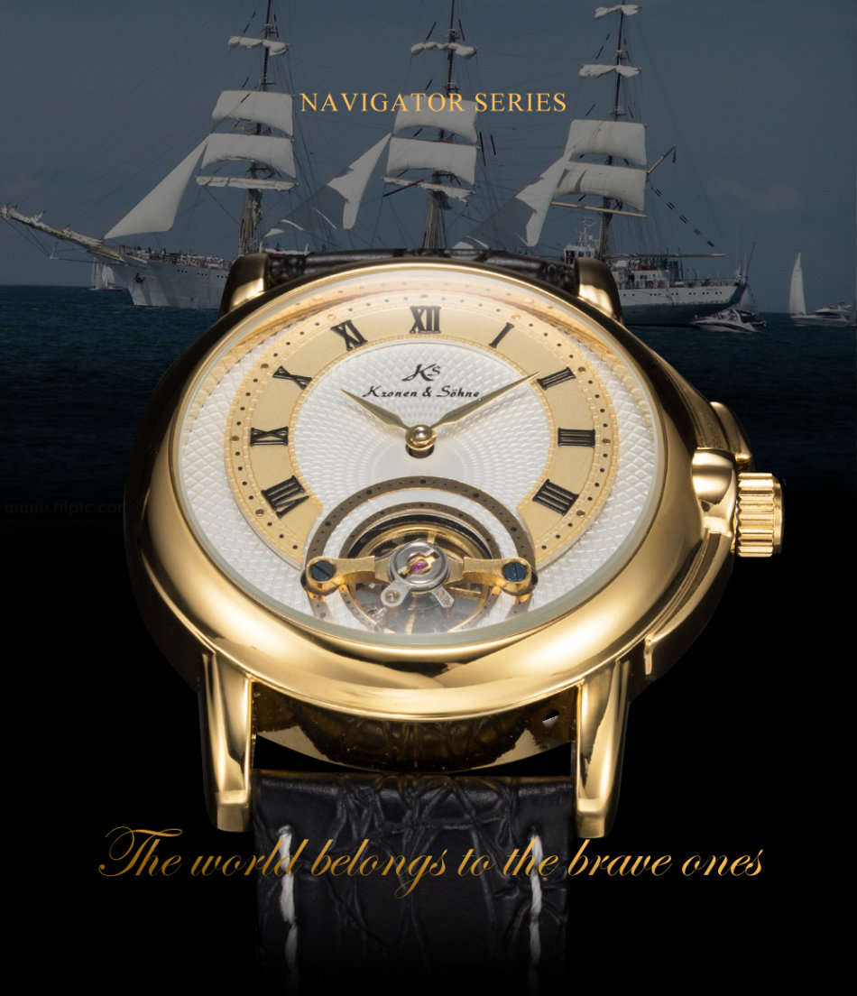 -I GENUINE I- KRONEN&SÖHNEMens Automatic Mechanical Analog Black Leather MILITARY Wrist Watch