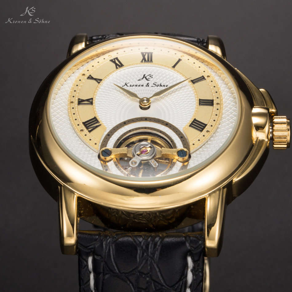 -I GENUINE I- KRONEN&SÖHNEMens Automatic Mechanical Analog Black Leather MILITARY Wrist Watch