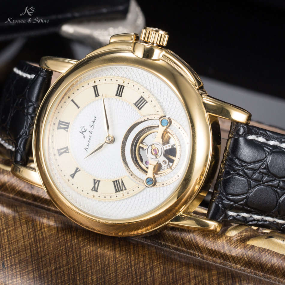 -I GENUINE I- KRONEN&SÖHNEMens Automatic Mechanical Analog Black Leather MILITARY Wrist Watch