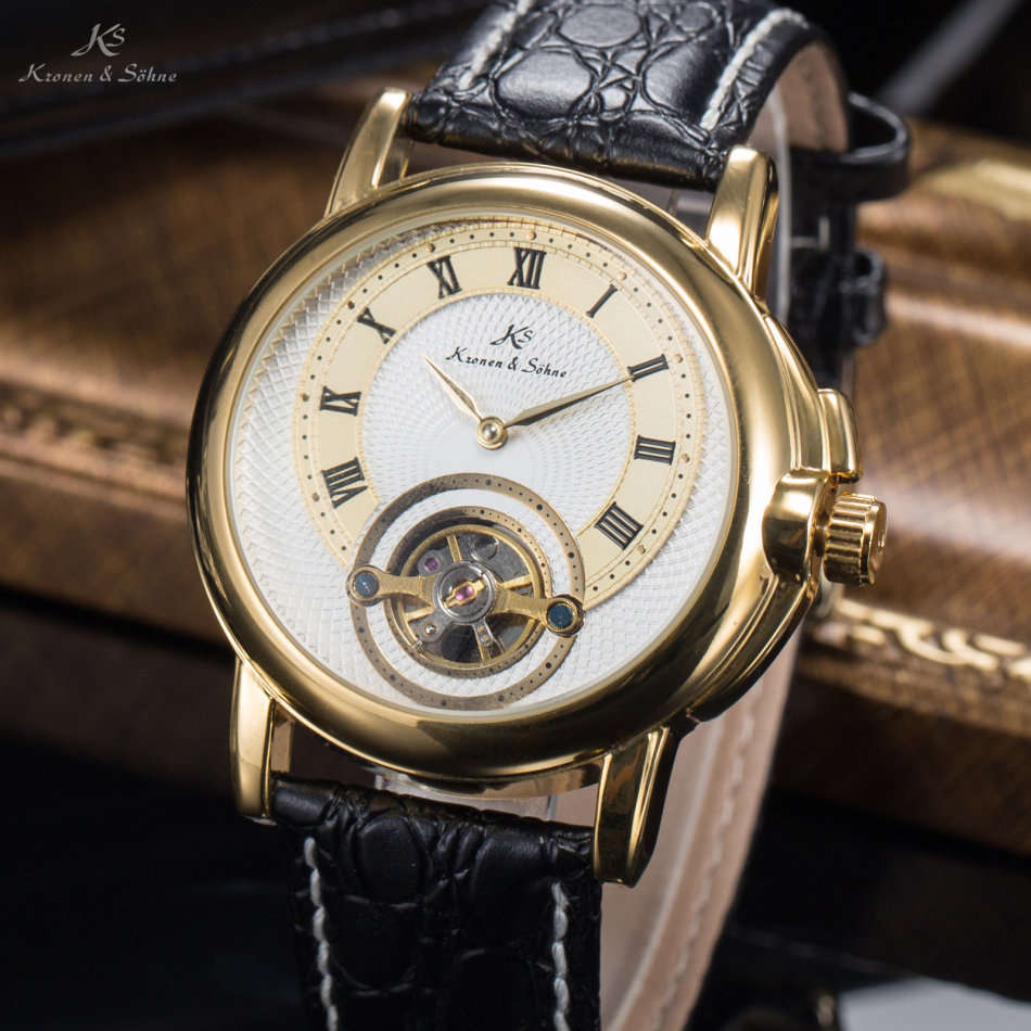 -I GENUINE I- KRONEN&SÖHNEMens Automatic Mechanical Analog Black Leather MILITARY Wrist Watch