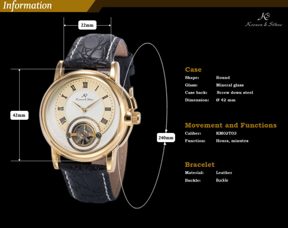 -I GENUINE I- KRONEN&SÖHNEMens Automatic Mechanical Analog Black Leather MILITARY Wrist Watch