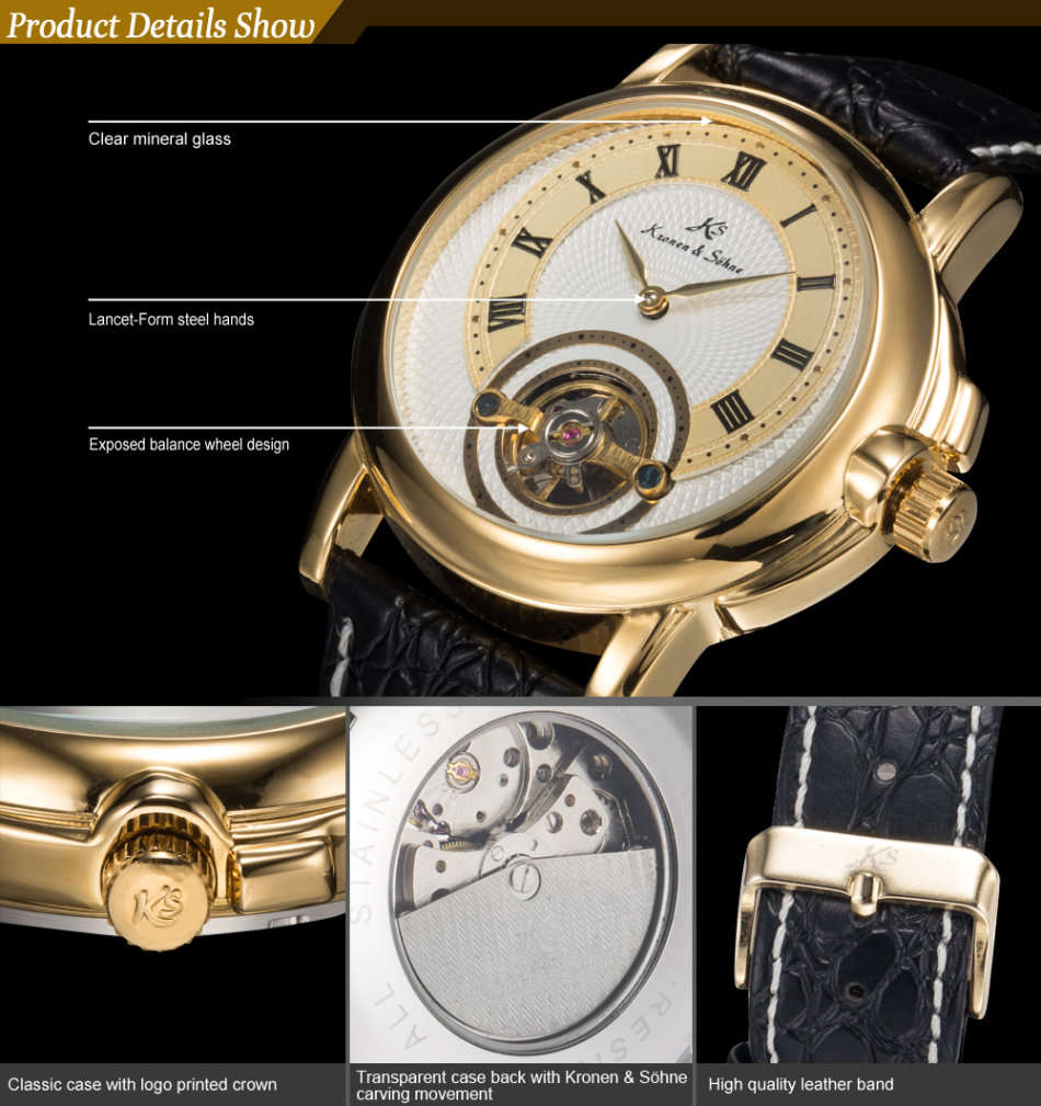 -I GENUINE I- KRONEN&SÖHNEMens Automatic Mechanical Analog Black Leather MILITARY Wrist Watch