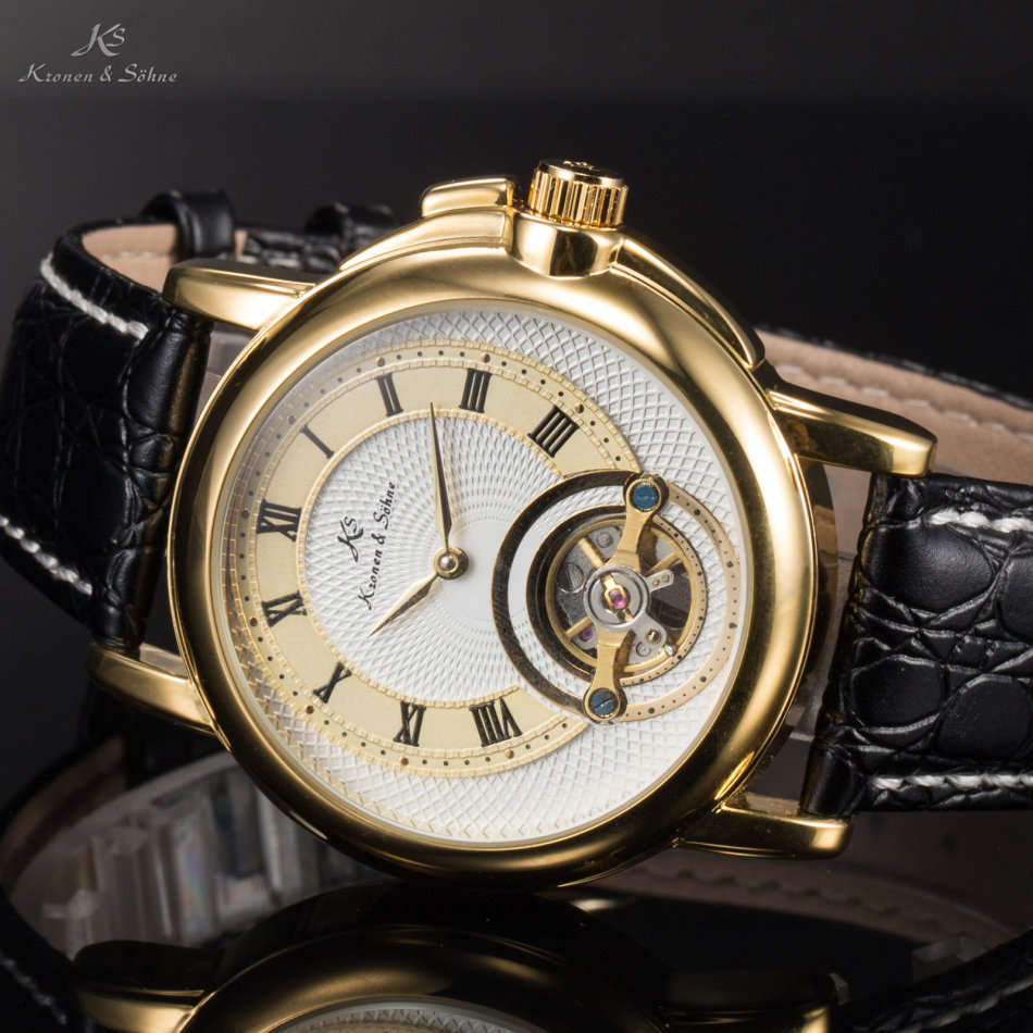 -I GENUINE I- KRONEN&SÖHNEMens Automatic Mechanical Analog Black Leather MILITARY Wrist Watch