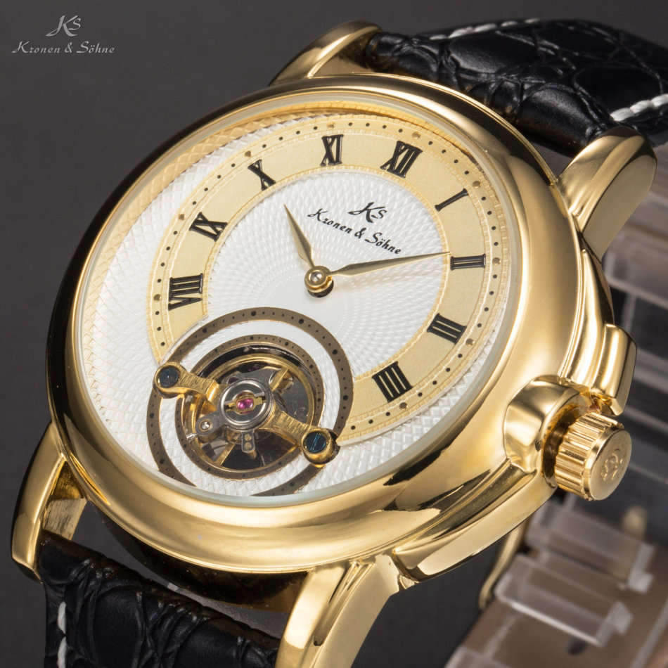 -I GENUINE I- KRONEN&SÖHNEMens Automatic Mechanical Analog Black Leather MILITARY Wrist Watch