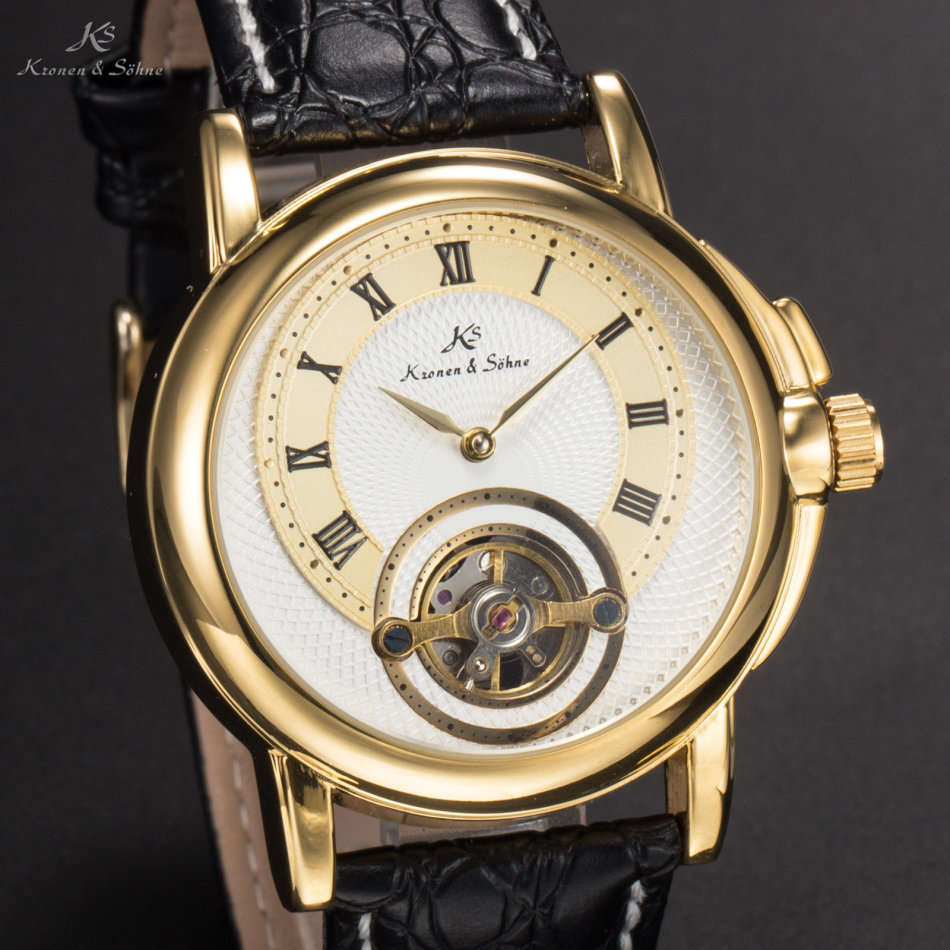 -I GENUINE I- KRONEN&SÖHNEMens Automatic Mechanical Analog Black Leather MILITARY Wrist Watch