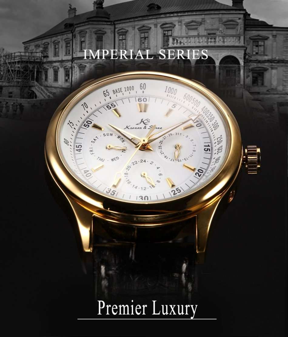 -I GENUINE I- KRONEN&SÖHNEAutomatic Mechanical Wrist Watch SPORT Leather Analog Date Day