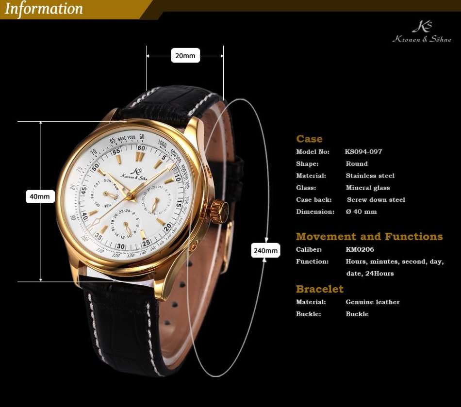 -I GENUINE I- KRONEN&SÖHNEAutomatic Mechanical Wrist Watch SPORT Leather Analog Date Day