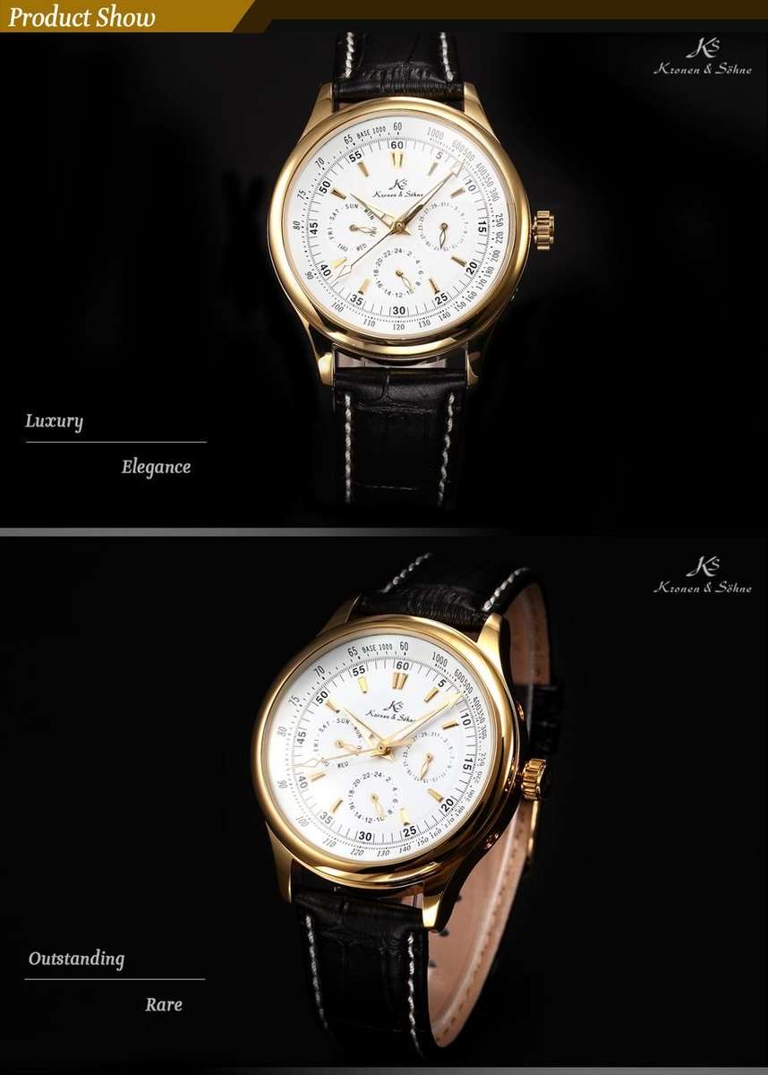 -I GENUINE I- KRONEN&SÖHNEAutomatic Mechanical Wrist Watch SPORT Leather Analog Date Day