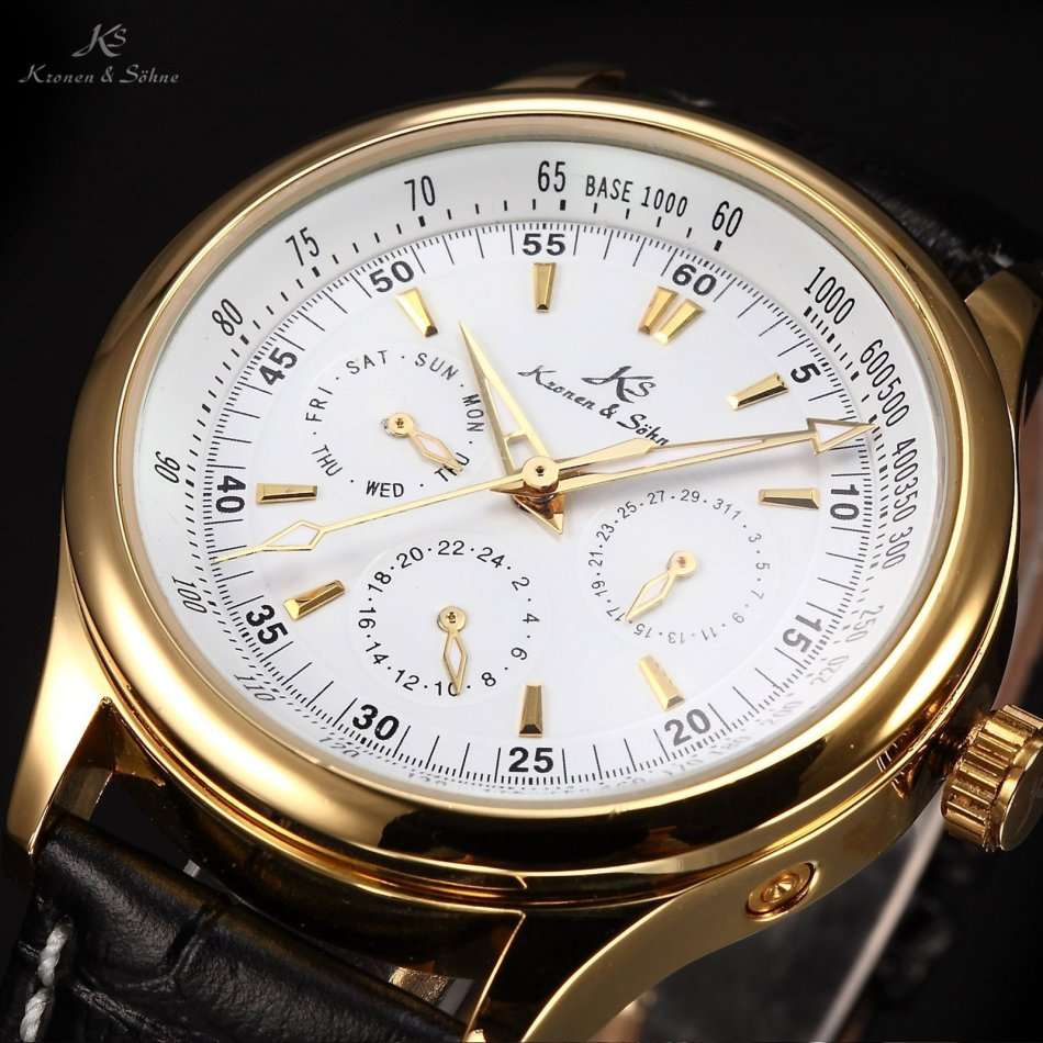 -I GENUINE I- KRONEN&SÖHNEAutomatic Mechanical Wrist Watch SPORT Leather Analog Date Day