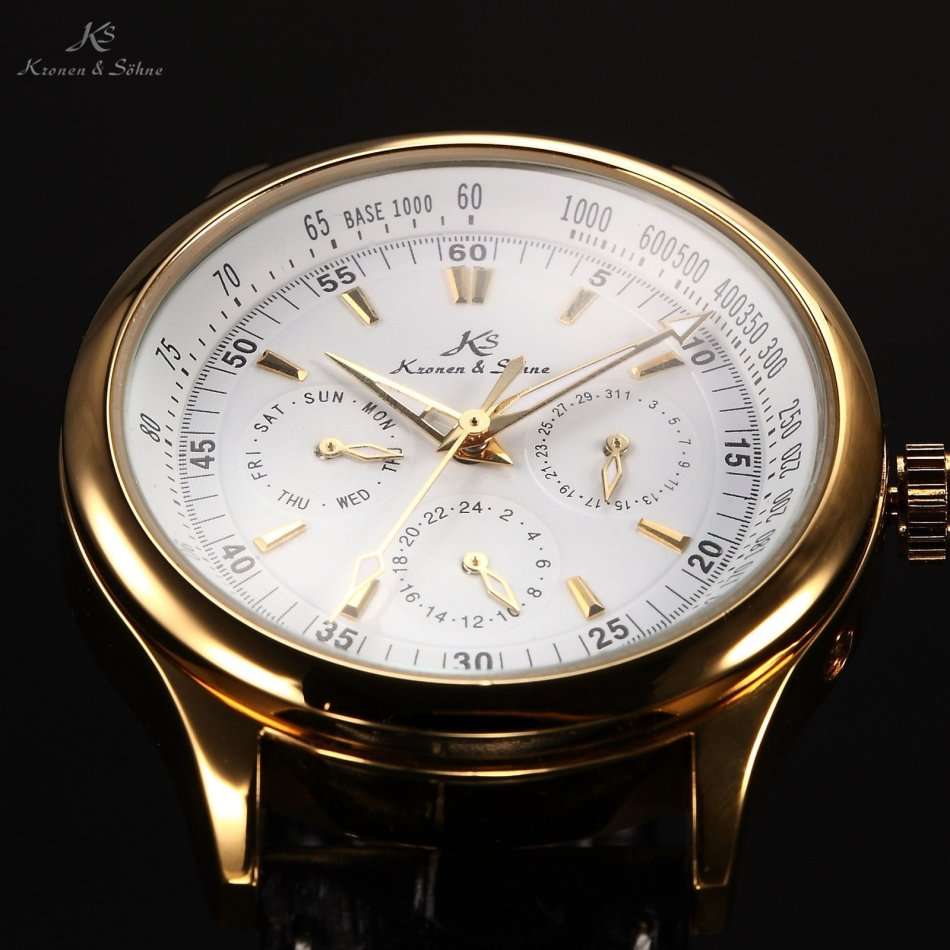 -I GENUINE I- KRONEN&SÖHNEAutomatic Mechanical Wrist Watch SPORT Leather Analog Date Day