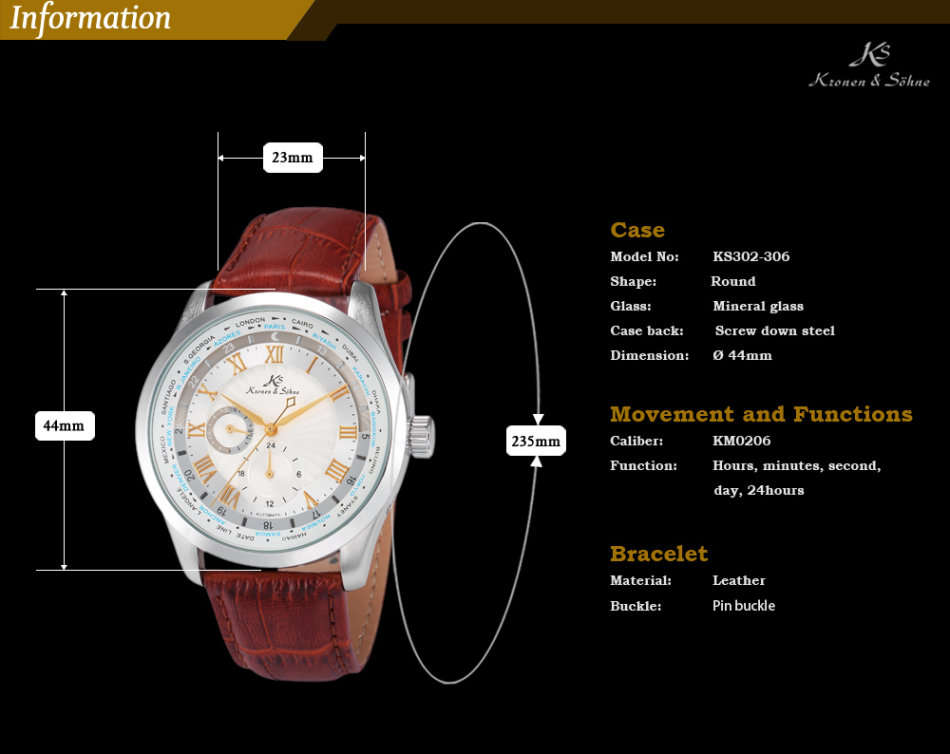 -I GENUINE I- KRONEN&SÖHNE Day 24 Hours Display Automatic Mechanical Men's Leather Sport Wrist Watch