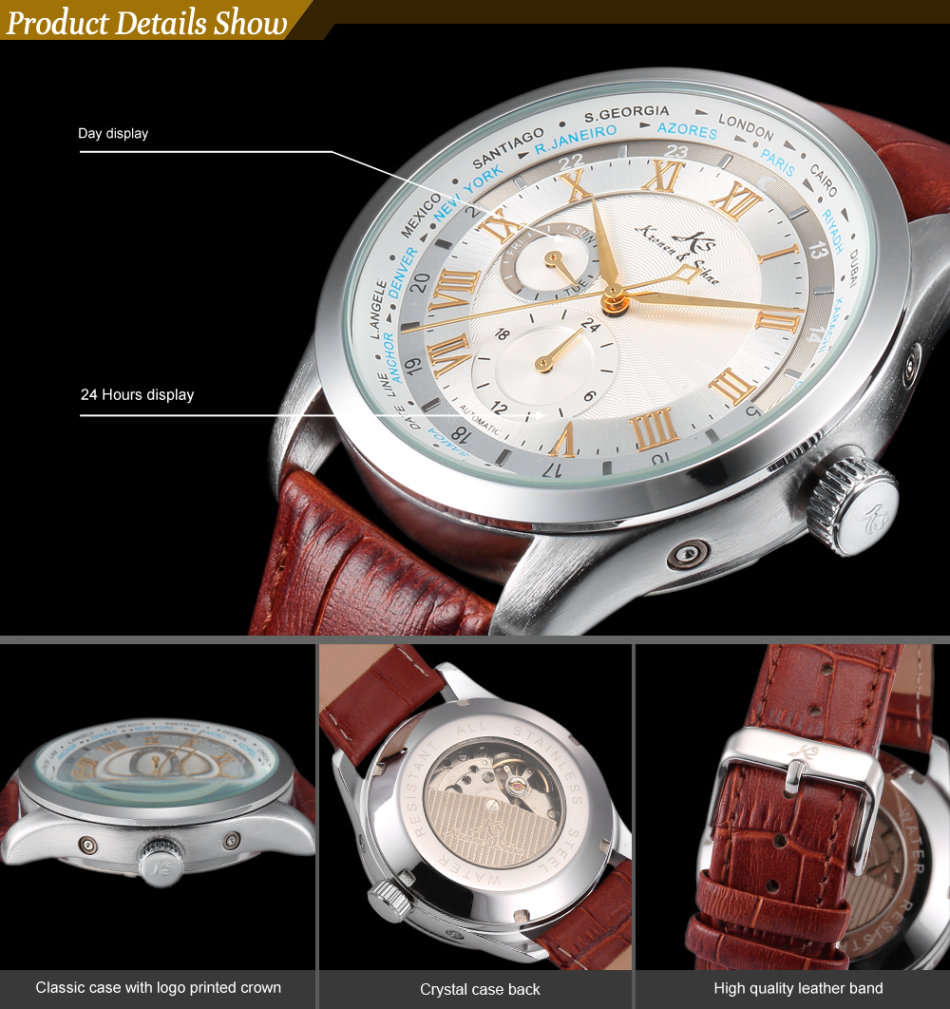 -I GENUINE I- KRONEN&SÖHNE Day 24 Hours Display Automatic Mechanical Men's Leather Sport Wrist Watch