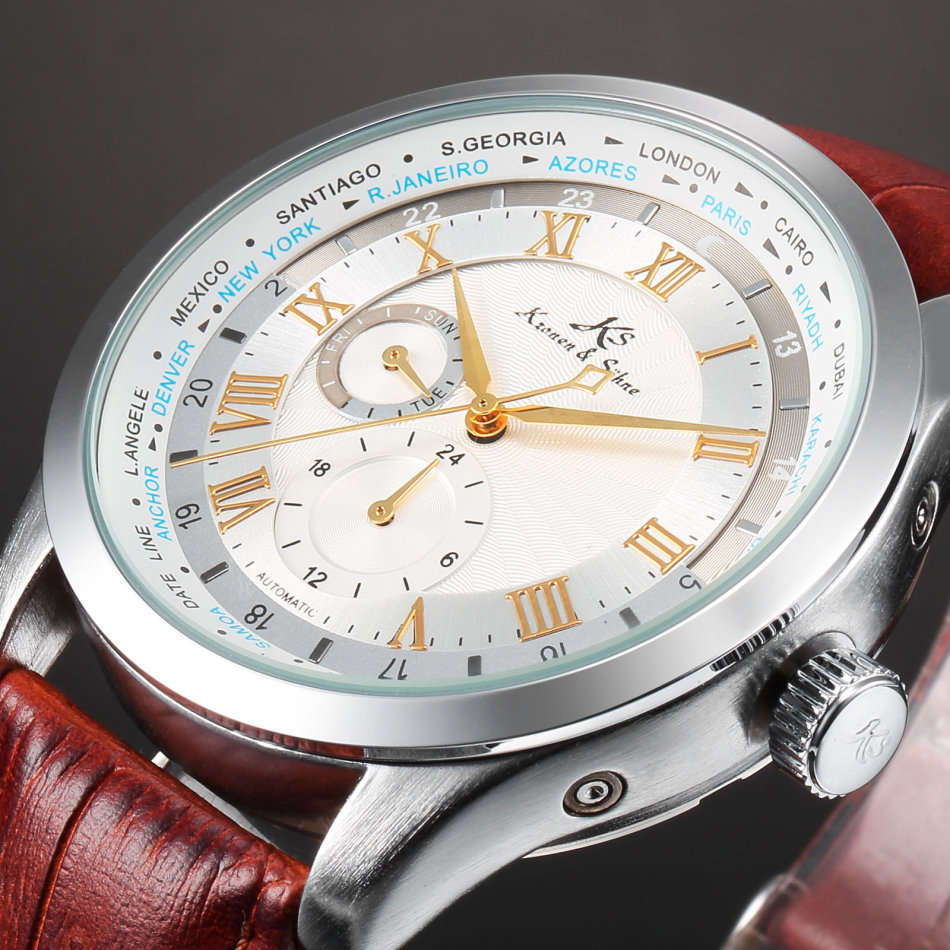 -I GENUINE I- KRONEN&SÖHNE Day 24 Hours Display Automatic Mechanical Men's Leather Sport Wrist Watch