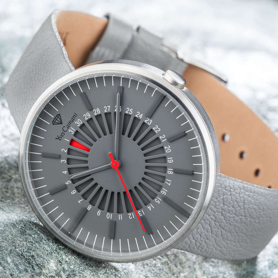 -I GENUINE I EXCLUSIVE I-  YVES CAMANI Morvan Mens Flat Stainless Steel Case Leather  Strap Watch