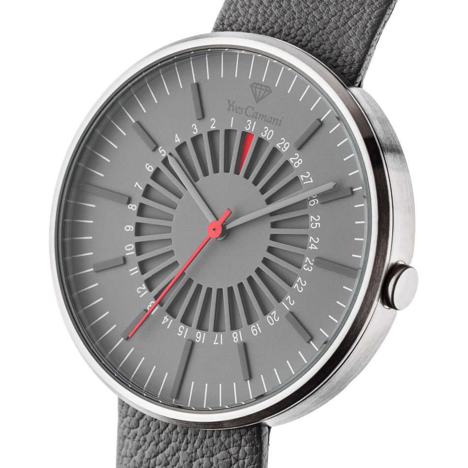 -I GENUINE I EXCLUSIVE I-  YVES CAMANI Morvan Mens Flat Stainless Steel Case Leather  Strap Watch