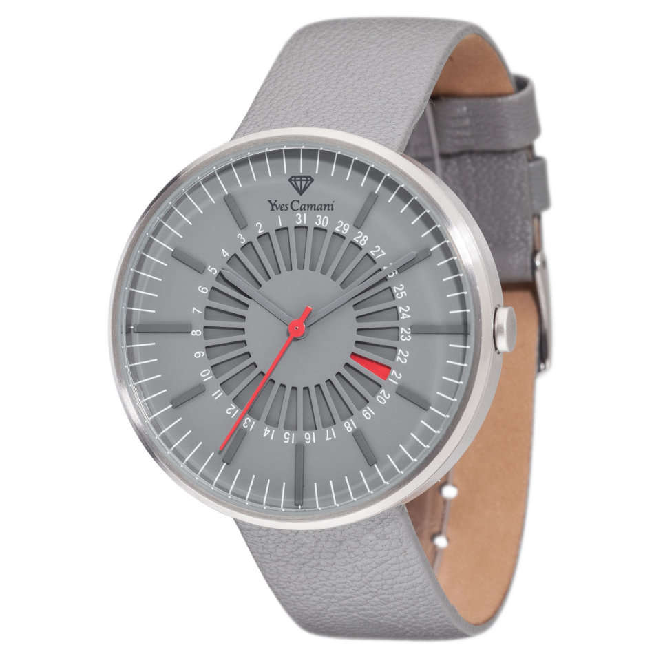 -I GENUINE I EXCLUSIVE I-  YVES CAMANI Morvan Mens Flat Stainless Steel Case Leather  Strap Watch