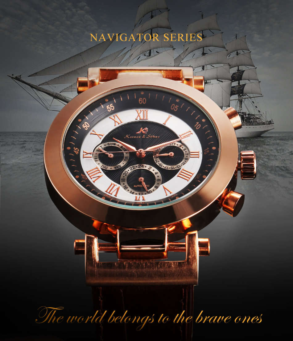 -I GENUINE I- KRONEN&SÖHNE Automatic Mechanical Date Day GOLD DIAL   6 Hands Sport Men Leather Watch