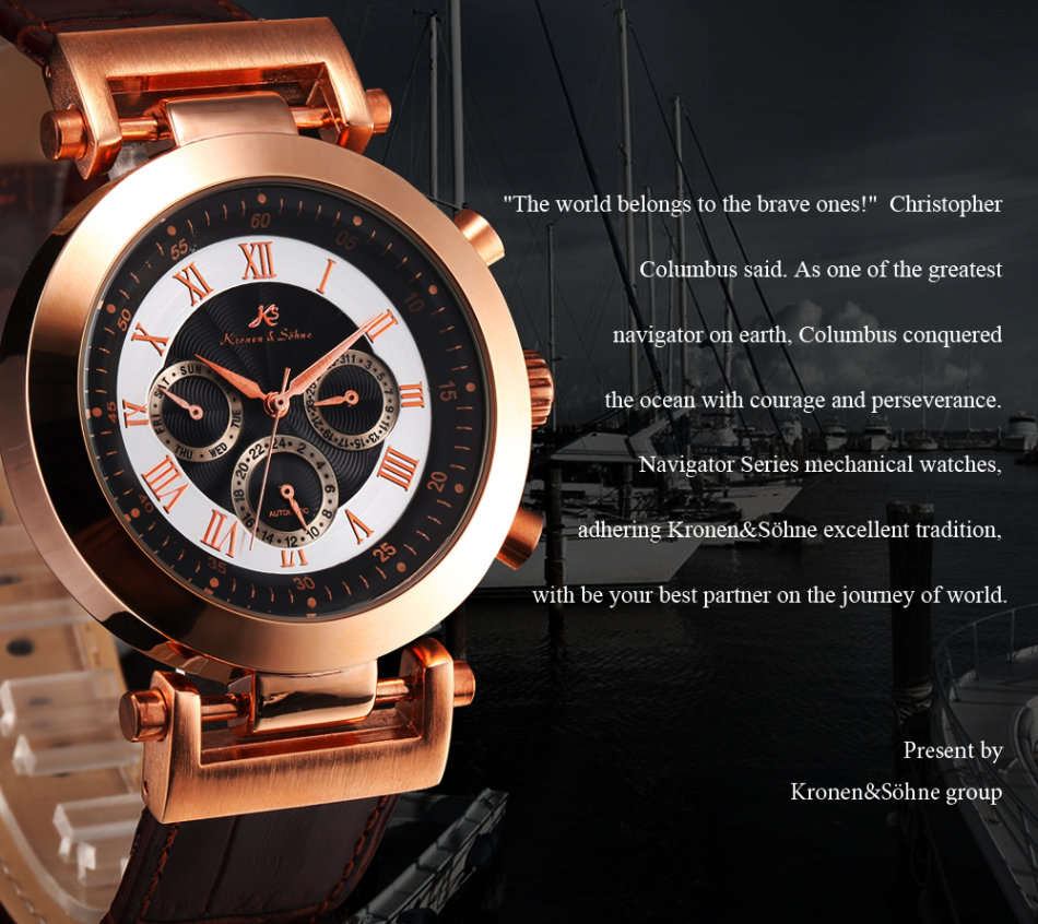 -I GENUINE I- KRONEN&SÖHNE Automatic Mechanical Date Day GOLD DIAL   6 Hands Sport Men Leather Watch