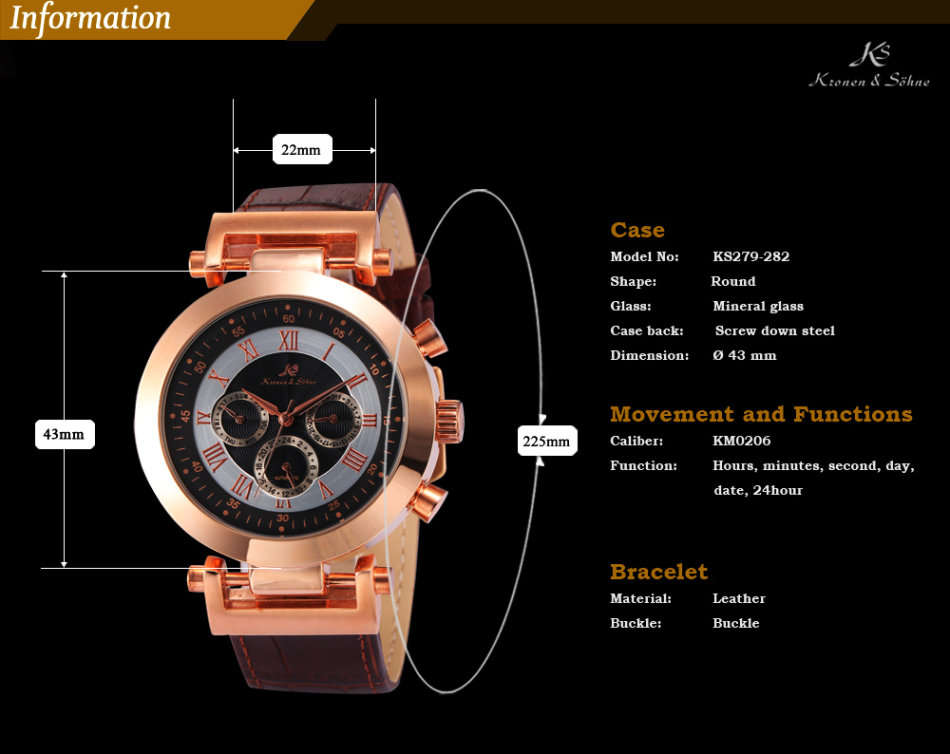 -I GENUINE I- KRONEN&SÖHNE Automatic Mechanical Date Day GOLD DIAL   6 Hands Sport Men Leather Watch