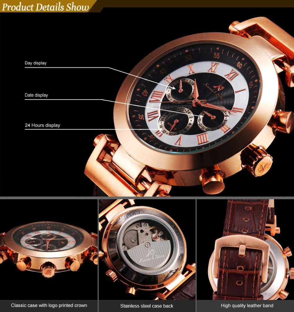 -I GENUINE I- KRONEN&SÖHNE Automatic Mechanical Date Day GOLD DIAL   6 Hands Sport Men Leather Watch