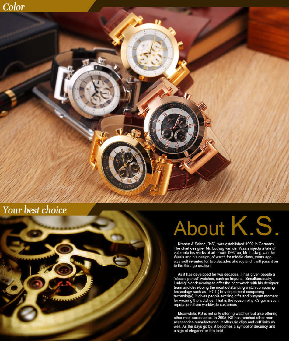 -I GENUINE I- KRONEN&SÖHNE Automatic Mechanical Date Day GOLD DIAL   6 Hands Sport Men Leather Watch