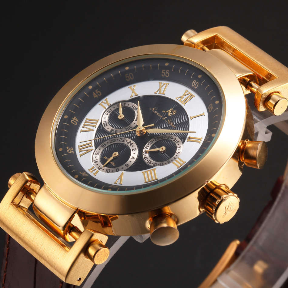 -I GENUINE I- KRONEN&SÖHNE Automatic Mechanical Date Day GOLD DIAL   6 Hands Sport Men Leather Watch