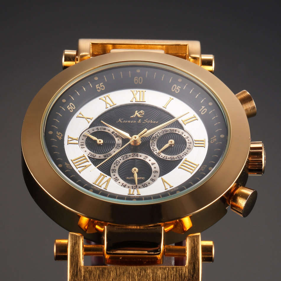 -I GENUINE I- KRONEN&SÖHNE Automatic Mechanical Date Day GOLD DIAL   6 Hands Sport Men Leather Watch