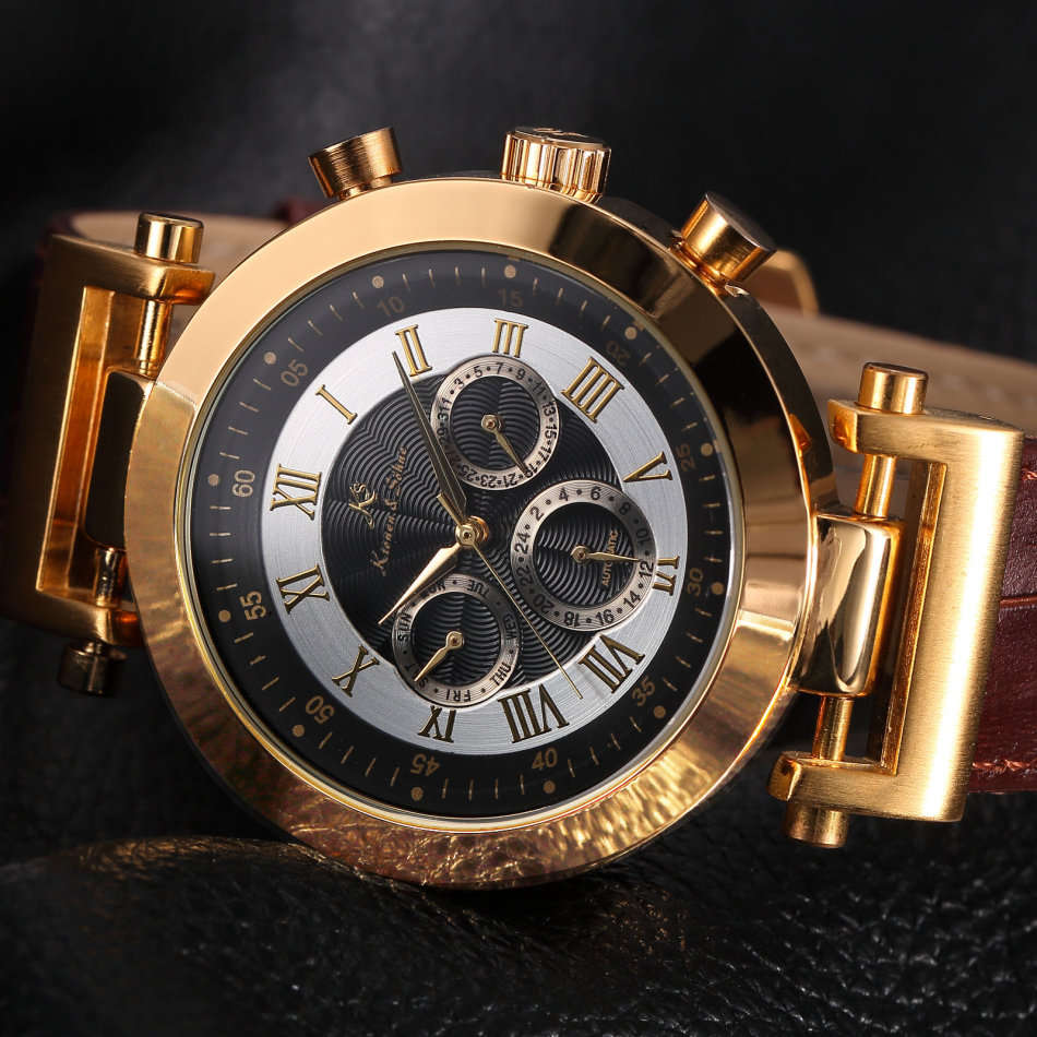 -I GENUINE I- KRONEN&SÖHNE Automatic Mechanical Date Day GOLD DIAL   6 Hands Sport Men Leather Watch