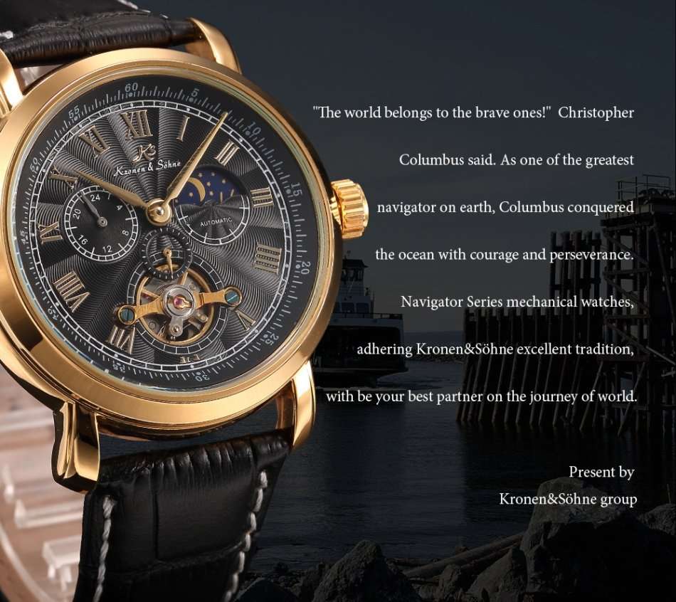 -I GENUINE I- KRONEN&SÖHNE  Analog Automatic Mechanical 24hours Leather Strap Sport Wrist Watch