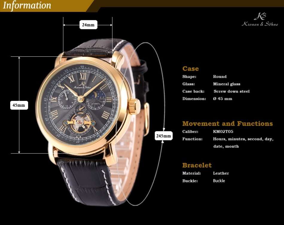 -I GENUINE I- KRONEN&SÖHNE  Analog Automatic Mechanical 24hours Leather Strap Sport Wrist Watch