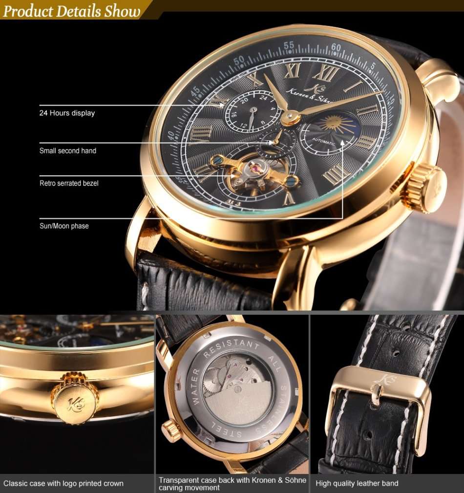 -I GENUINE I- KRONEN&SÖHNE  Analog Automatic Mechanical 24hours Leather Strap Sport Wrist Watch