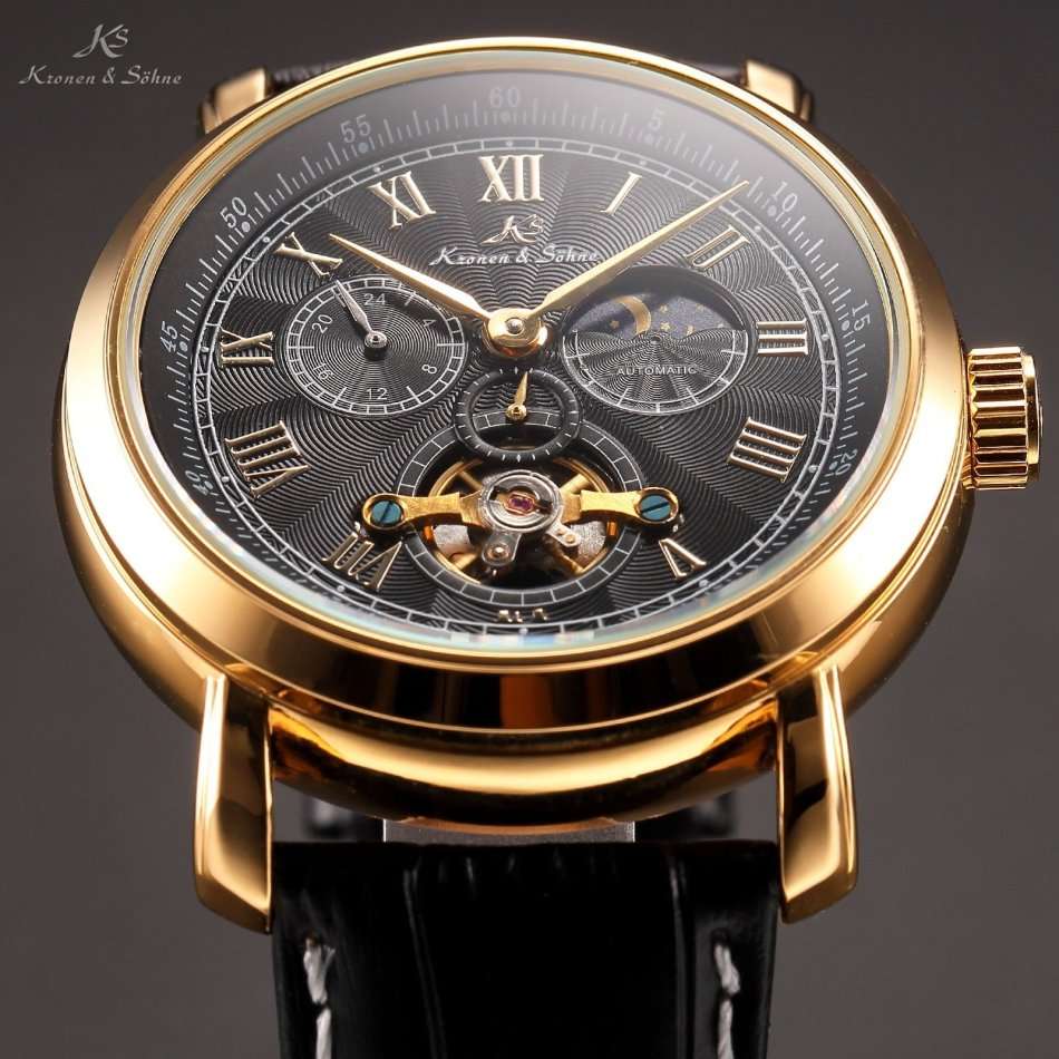 -I GENUINE I- KRONEN&SÖHNE  Analog Automatic Mechanical 24hours Leather Strap Sport Wrist Watch