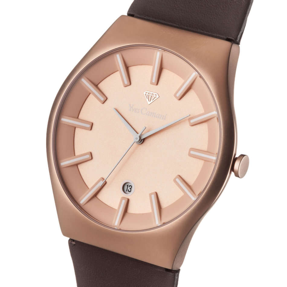 -I GENUINE I EXCLUSIVE I-  YVES-CAMANI® Louanne Women Date Display  Brown Leather Strap Watch