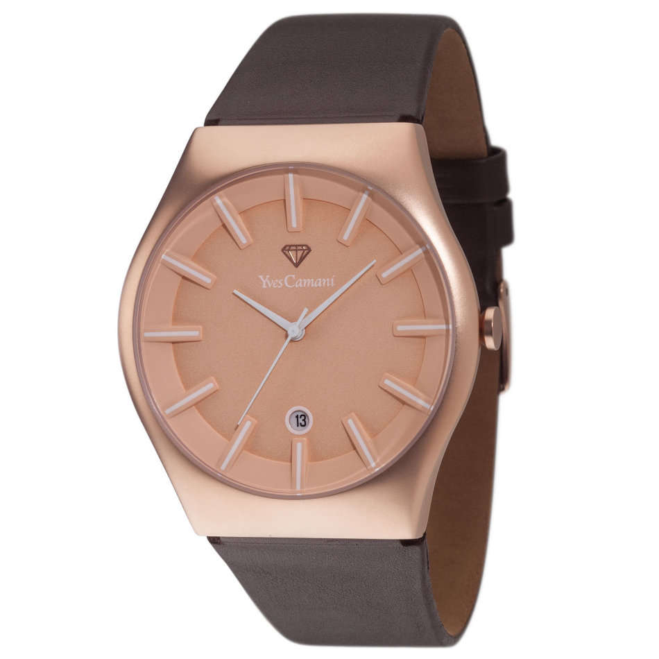 -I GENUINE I EXCLUSIVE I-  YVES-CAMANI® Louanne Women Date Display  Brown Leather Strap Watch