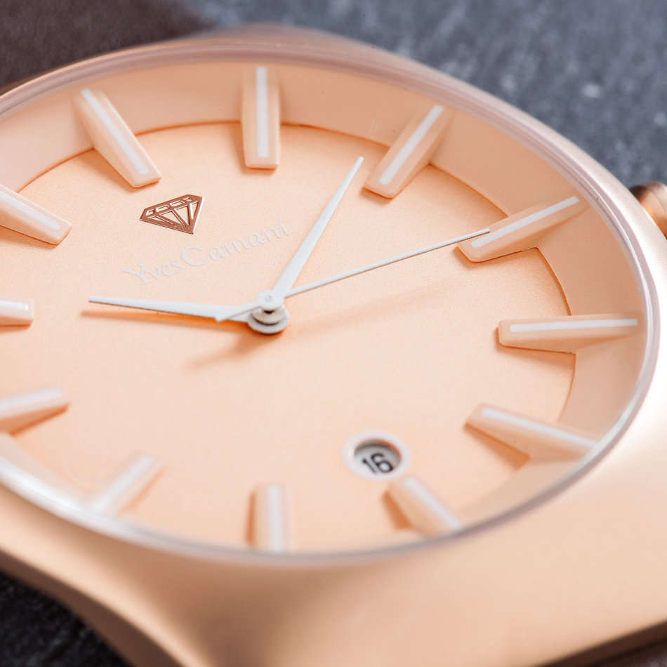 -I GENUINE I EXCLUSIVE I-  YVES-CAMANI® Louanne Women Date Display  Brown Leather Strap Watch