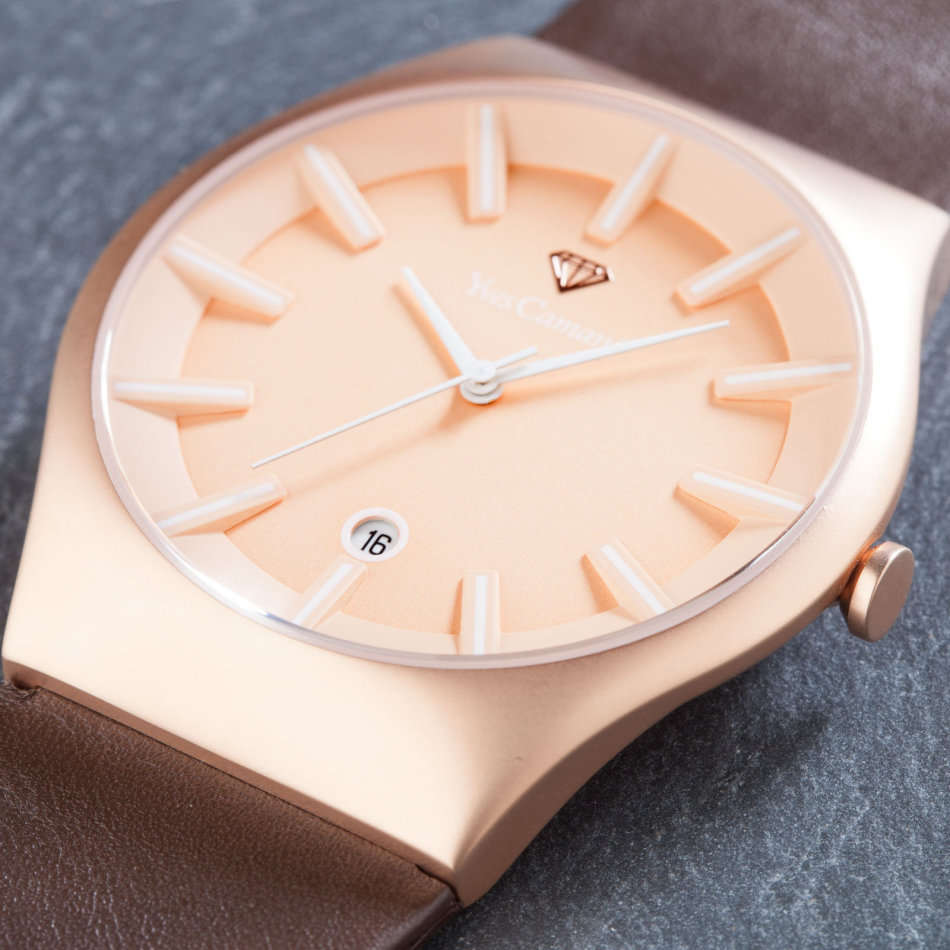 -I GENUINE I EXCLUSIVE I-  YVES-CAMANI® Louanne Women Date Display  Brown Leather Strap Watch