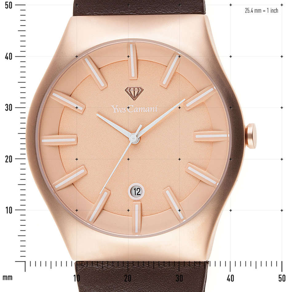 -I GENUINE I EXCLUSIVE I-  YVES-CAMANI® Louanne Women Date Display  Brown Leather Strap Watch