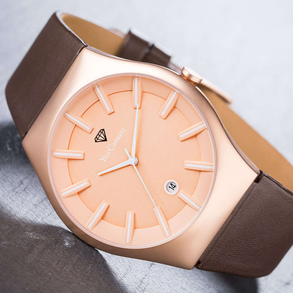 -I GENUINE I EXCLUSIVE I-  YVES-CAMANI® Louanne Women Date Display  Brown Leather Strap Watch