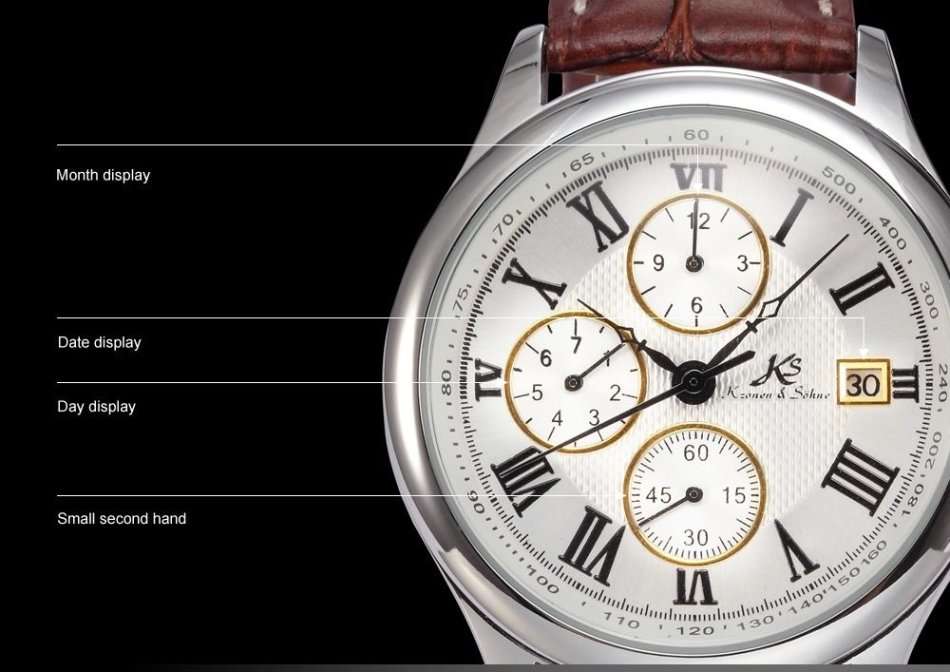 -I GENUINE I- KRONEN&SÖHNE Men White Silver Date Day Leather Automatic Mechanical Wrist Watch