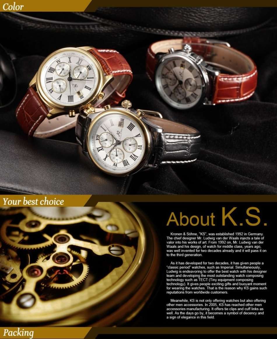 -I GENUINE I- KRONEN&SÖHNE Men White Silver Date Day Leather Automatic Mechanical Wrist Watch