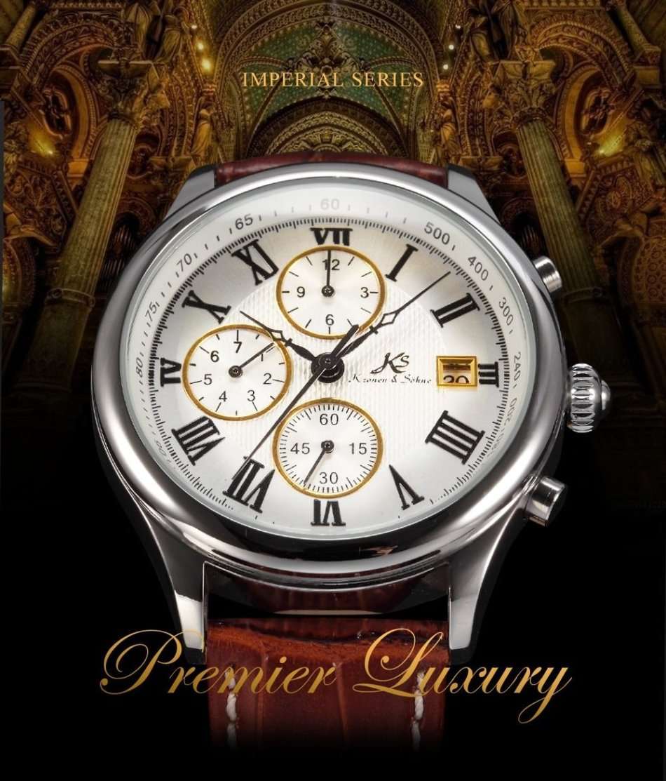 -I GENUINE I- KRONEN&SÖHNE Men White Silver Date Day Leather Automatic Mechanical Wrist Watch