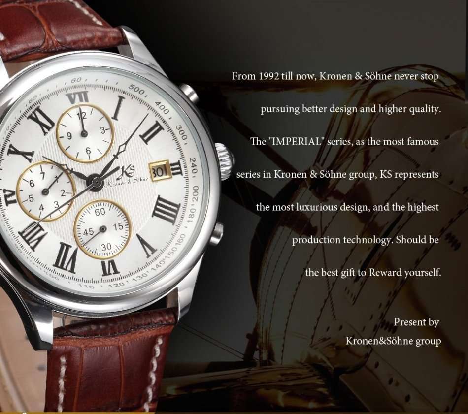-I GENUINE I- KRONEN&SÖHNE Men White Silver Date Day Leather Automatic Mechanical Wrist Watch
